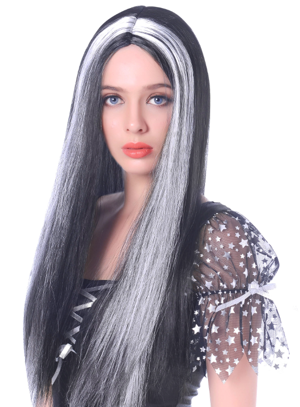 Perruque longue noire et blanche femme - 60cm