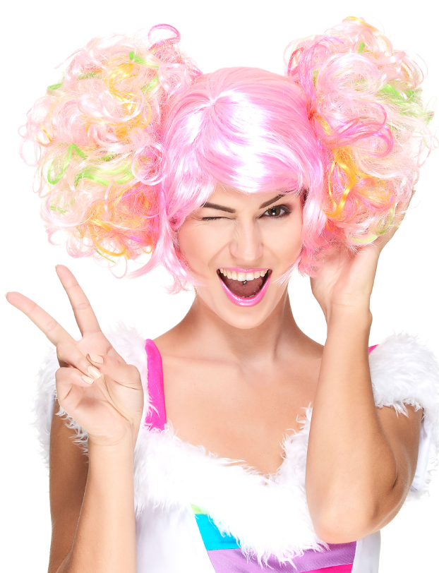 Perruque rose clair à couettes bouclées femme