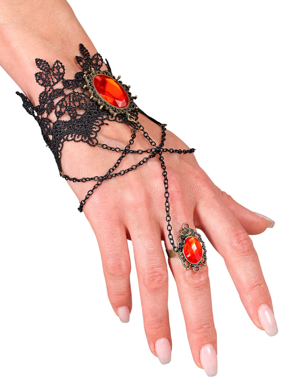 Bracelet en dentelle avec bague et pierres rouges