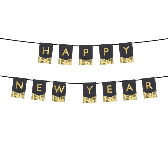 Guirlande à fanions Happy New Year noir et or 135 cm