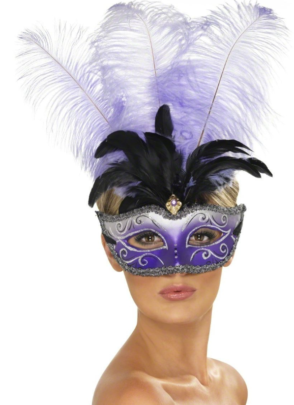 Loup vénitien violet avec grandes plumes noire et violette adulte