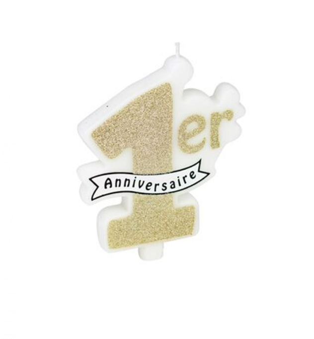 Bougie 1er anniversaire paillettes champagne 10 x 8 cm