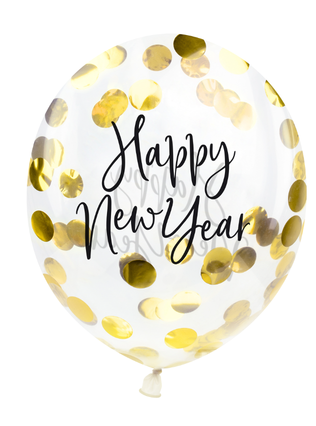 Ballons latex confettis dorés Happy New Year 27 cm