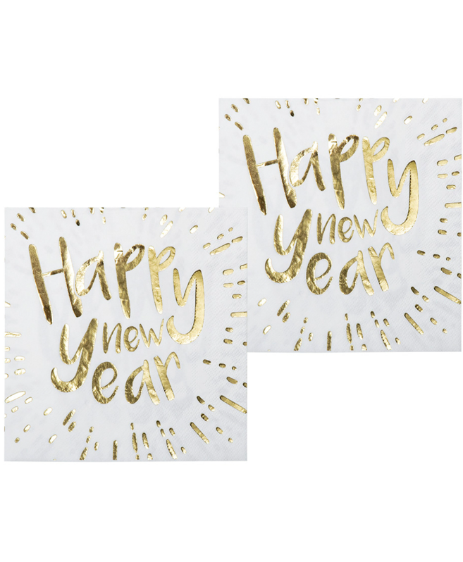 Serviettes en papier Happy New Year blanches et dorées 33 x 33 cm