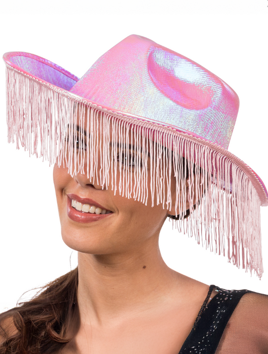 Chapeau de cowboy irisé rose avec franges adulte