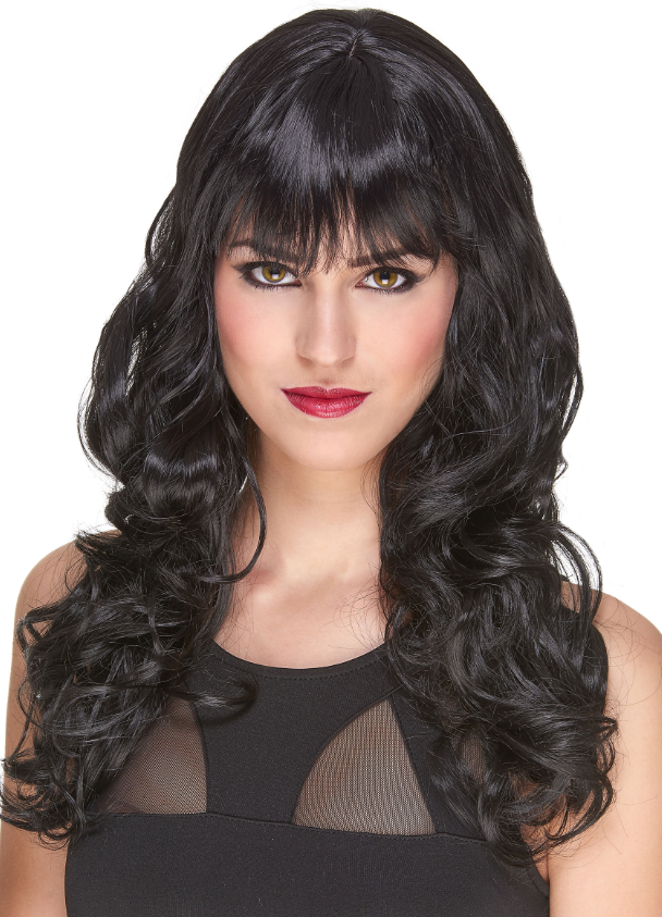 Perruque luxe noire ondulée avec frange femme - 221g
