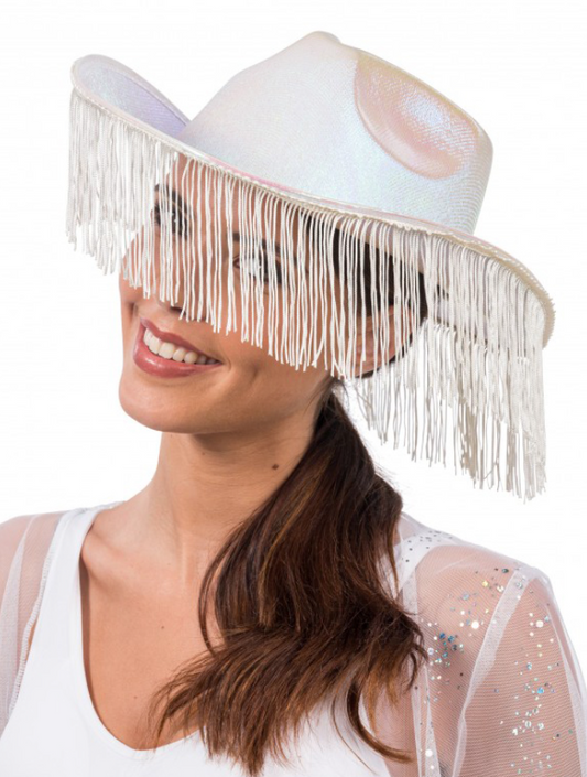 Chapeau de cowboy irisé blanc avec franges adulte