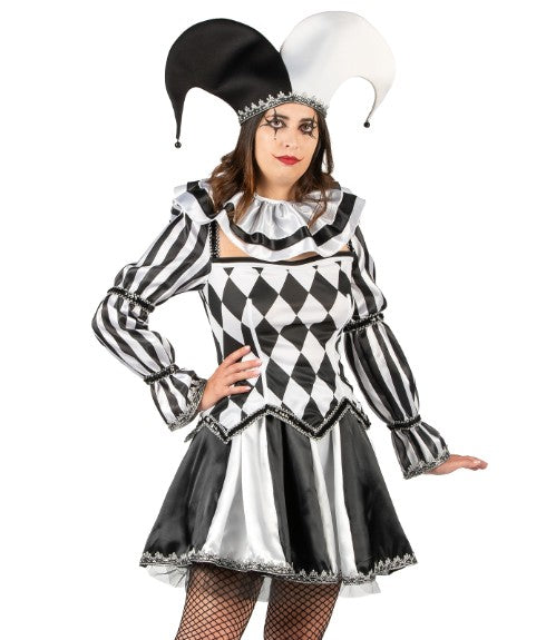 Déguisement bouffon diabolique noir et blanc luxe femme