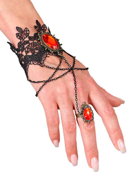 Bracelet en dentelle avec bague et pierres rouges