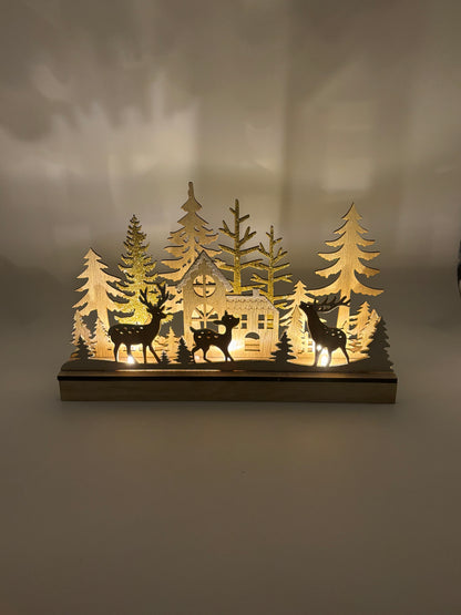 Scène d’hiver Forêt d’hiver avec éclairage en bois LED Beige (L/H/P) 30x18x8cm