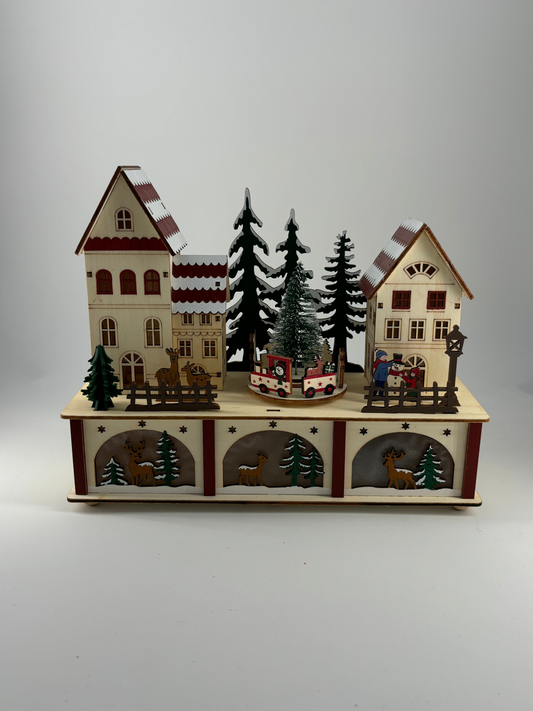 Village de Noël en bois lumineux et musical à piles (27 x H22 cm) Cœur du village Coloré