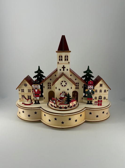 Village de Noël en bois lumineux et musical à piles