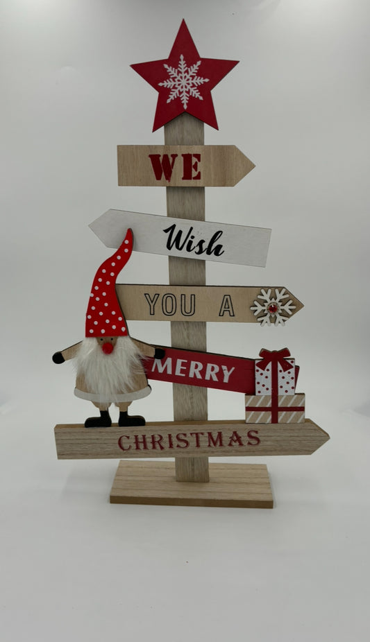 Sapin de Noël, Nous vous souhaitons un joyeux Noël, en bois Rouge (L/H/P) 27x46x6cm