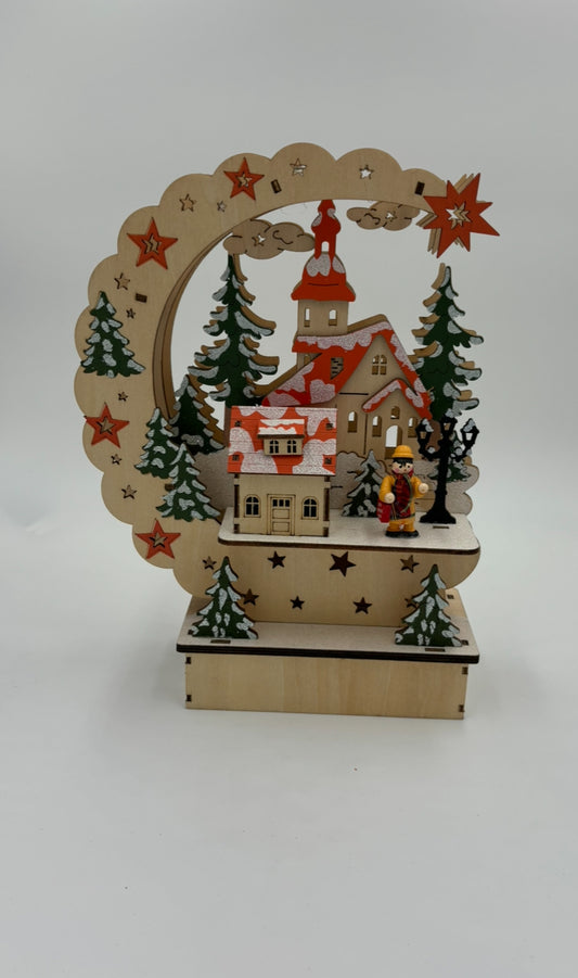 Scène d’hiver avec éclairage en bois à LED (L/H/P) 22x30x8 cm