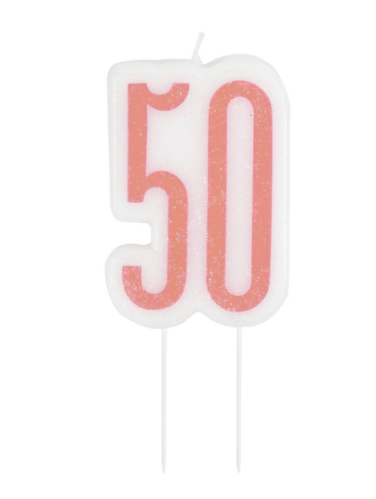 Bougie d'anniversaire sur pic 50 ans rose pailletée 7 cm