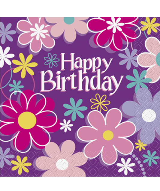 Serviettes en papier Happy Birthday fleurs 33 x 33 cm