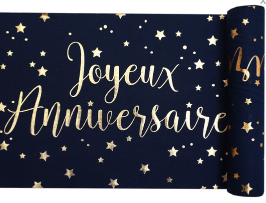 Chemin de table coton joyeux anniversaire bleu et or 28 cm x 3 m