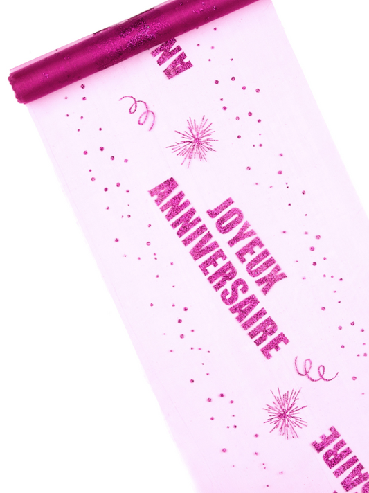 Chemin de table organza Joyeux Anniversaire fuchsia 29 cm x 5 m