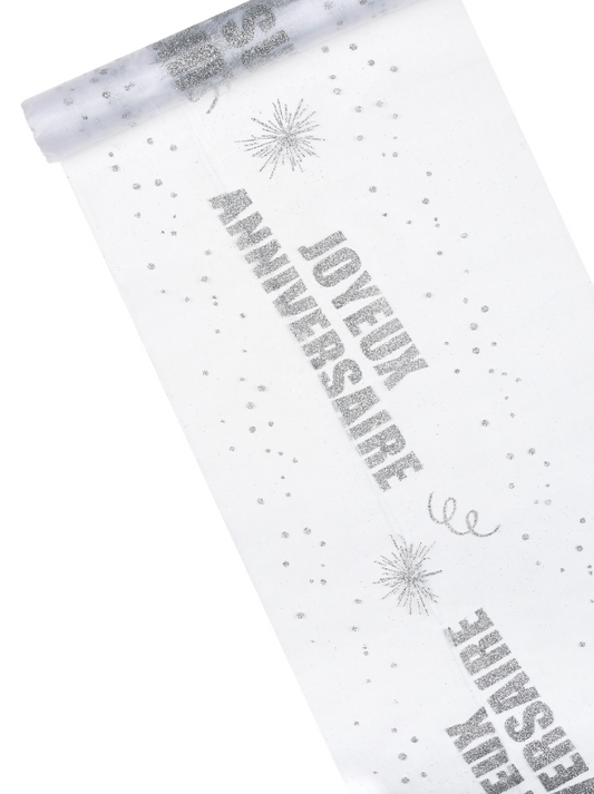 Chemin de table organza Joyeux Anniversaire argent 29 cm x 5 m