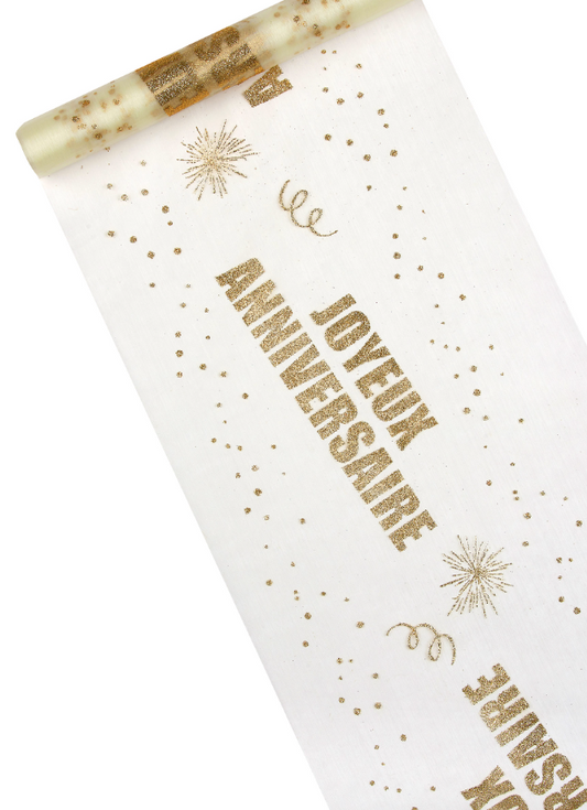 Chemin de table organza Joyeux Anniversaire doré 29 cm x 5 m