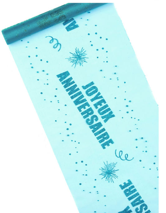Chemin de table organza Joyeux Anniversaire turquoise 29 cm x 5 m