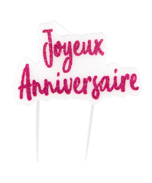 Bougie sur pique joyeux anniversaire fuschia pailletée 8 x 5 cm