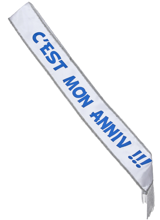 Écharpe en satin c'est mon anniv !!! blanche et bleue 150 x 10 cm