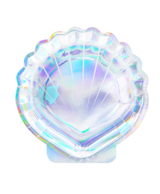 Assiettes en carton forme coquillage holographique 18,5 cm