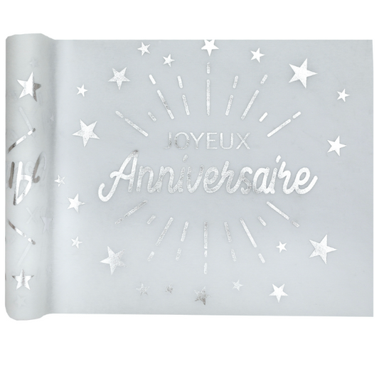 Chemin de table intissé anniversaire blanc et argent 5m x 30 cm