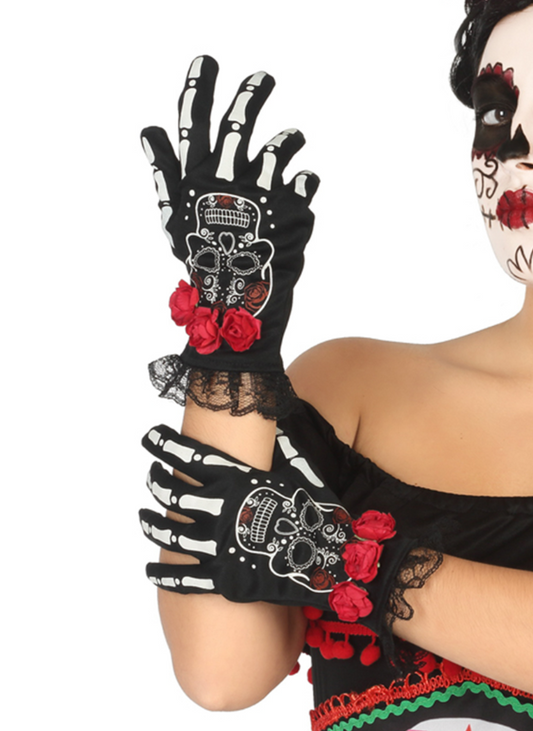 Gants courts squelette mexicain femme Dia de los muertos