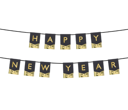 Guirlande à fanions Happy New Year noir et or 135 cm