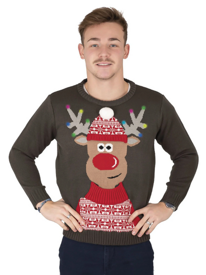 Pull de Noël gris renne lumineux et musical adulte
