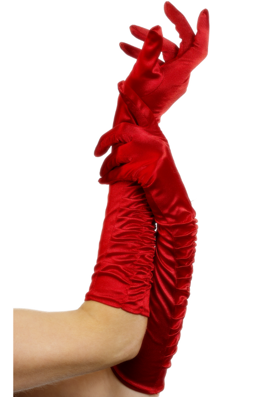 Gants mi-longs satinés rouges avec plis femme