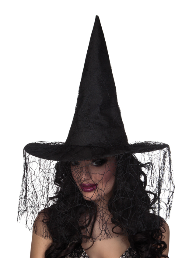 Chapeau sorcière noir avec voile araignée femme Halloween