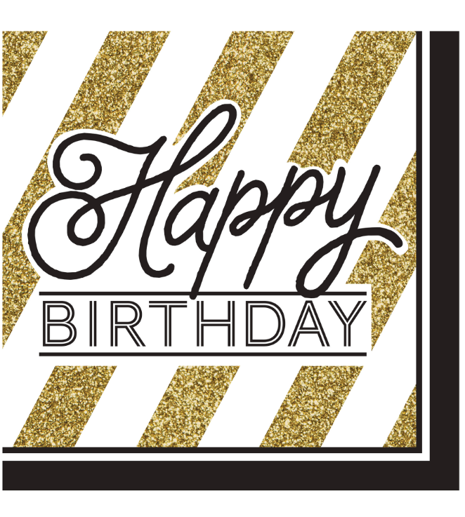 Serviettes en papier Happy Birthday noires et dorées 33 x 33 cm