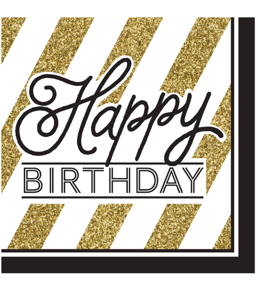Serviettes en papier Happy Birthday noires et dorées 33 x 33 cm