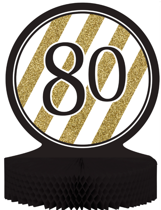 Centre de table en papier alvéolé 80 ans noir et doré 23 x 30 cm