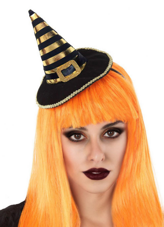 Serre-tête mini chapeau de sorcière rayé noir et or adulte