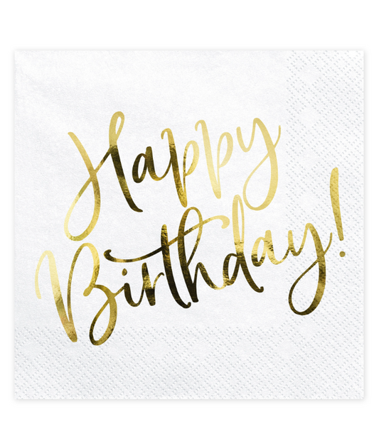 Serviettes en papier happy birthday blanches et dorées 33 x 33 cm