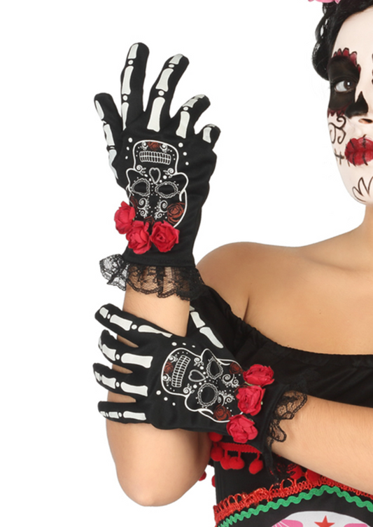 Gants courts squelette mexicain femme Dia de los muertos