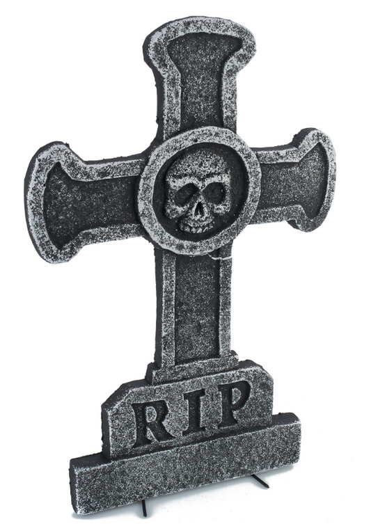 Décoration pierre tombale croix avec tête de mort 39 x 58 cm