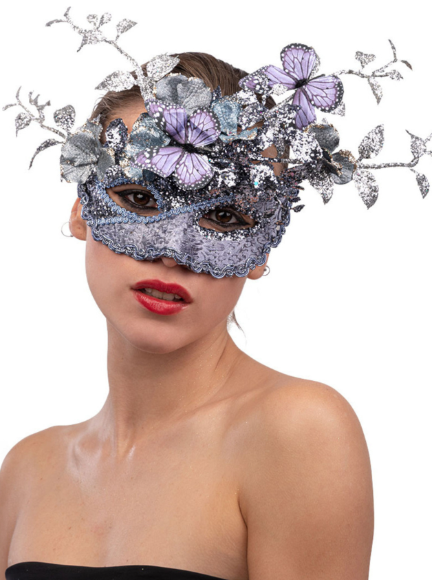 Masque argent et lilas avec papillon et branchage femme