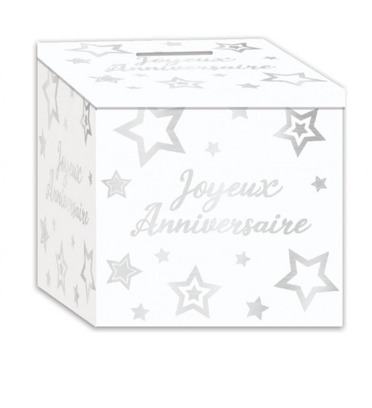 Urne en carton joyeux anniversaire blanc et argenté