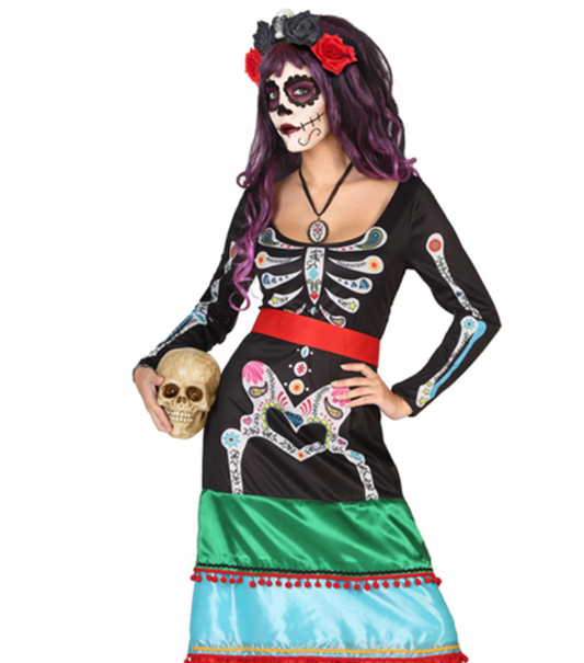 Déguisement mexicaine coloré long femme Dia de los muertos