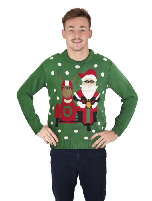 Pull de Noël vert avec Père Noël motard
