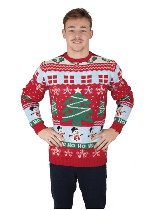 Pull de Noël adulte rouge avec sapins de Noël
