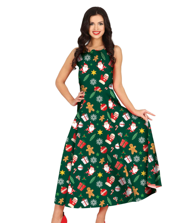 Robe longue verte à motifs Noël femme