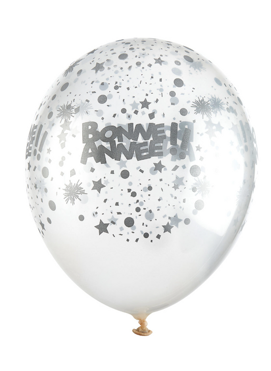 Ballons en latex transparents Bonne année argent 30 cm