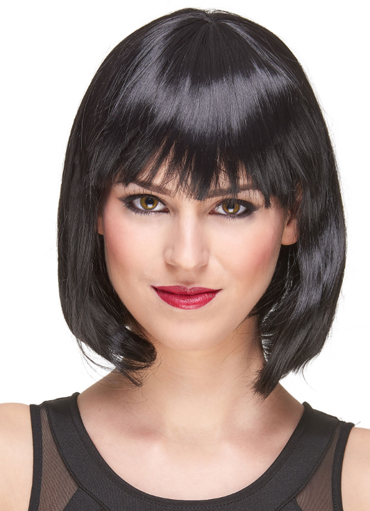 Perruque luxe noire carré plongeant avec frange femme
