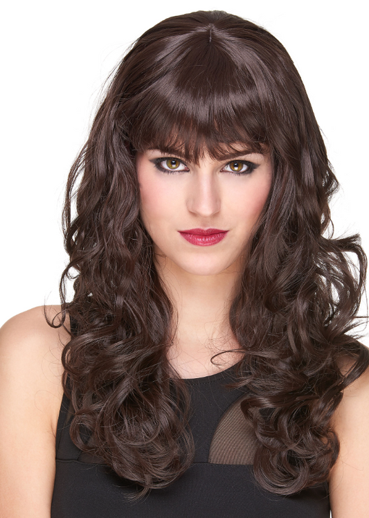 Perruque luxe chatain ondulée avec frange femme - 221g